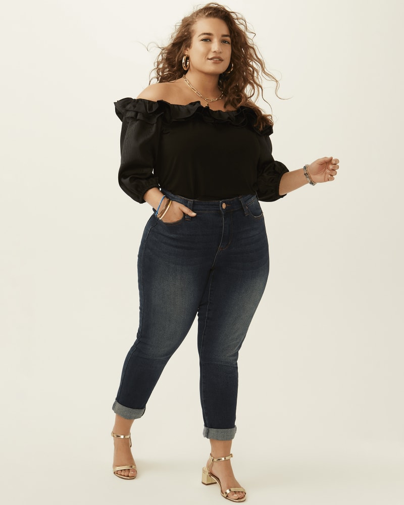 Front of a model wearing a size 1X Harper Off The Shoulder Ruffle Top in RICH BLACK by Vince Camuto. | dia_product_style_image_id:261124